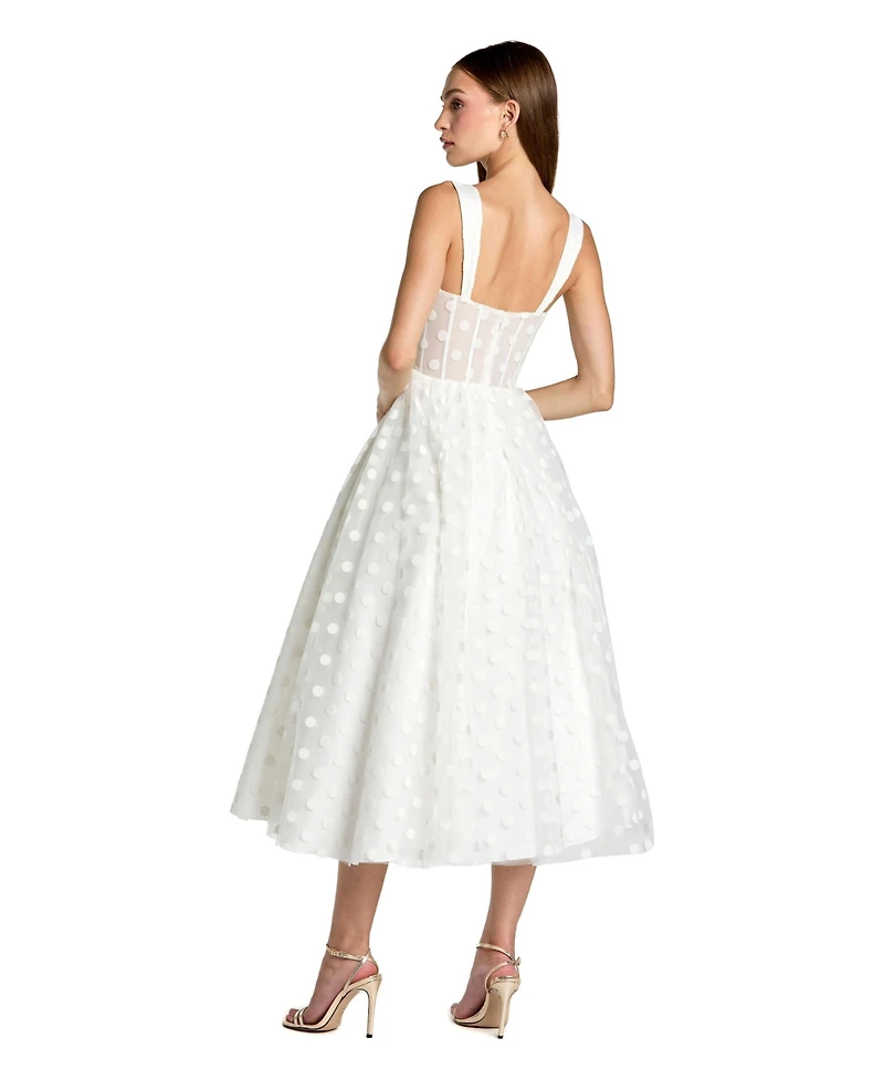 Mac Duggal Women's Polka Dot Net Bustier A-Line Midi Dress
