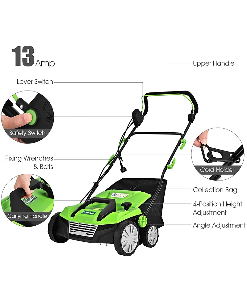 Costway 13Amp Corded Scarifier Width 15inch Electric Lawn Dethatcher with 50L Collection Bag