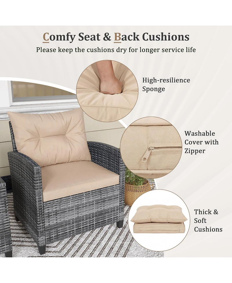 Gymax 3 Pcs Patio Furniture Set Outdoor Pe Rattan Chair and Table Set w/ Tempered Glass