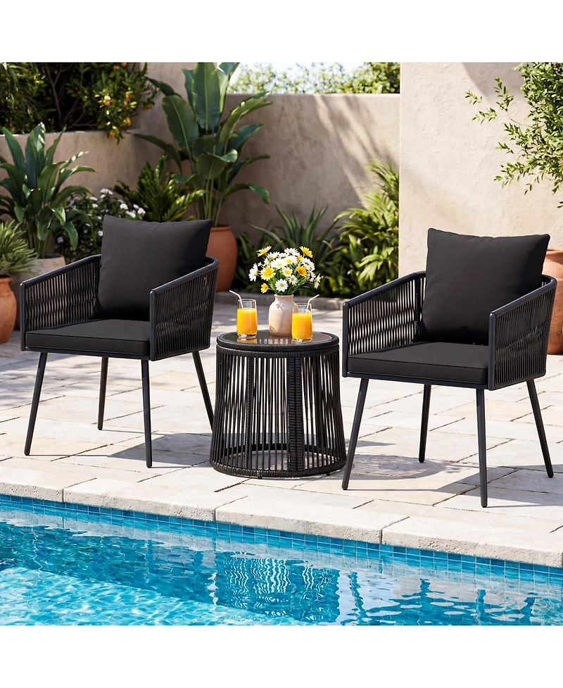 Gymax 3Pieces Outdoor Furniture Set Patio Wicker Chairs and Round Side Table Set with Cushions