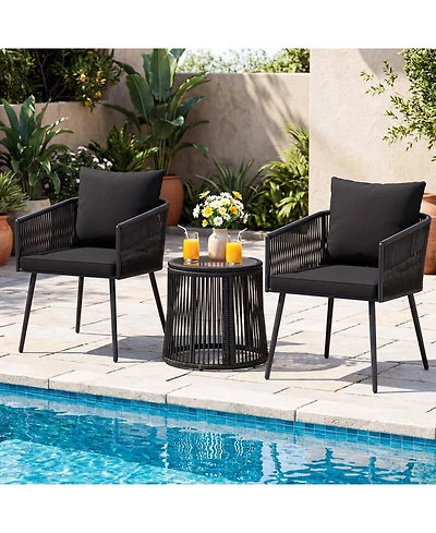 Gymax 3Pieces Outdoor Furniture Set Patio Wicker Chairs and Round Side Table Set with Cushions