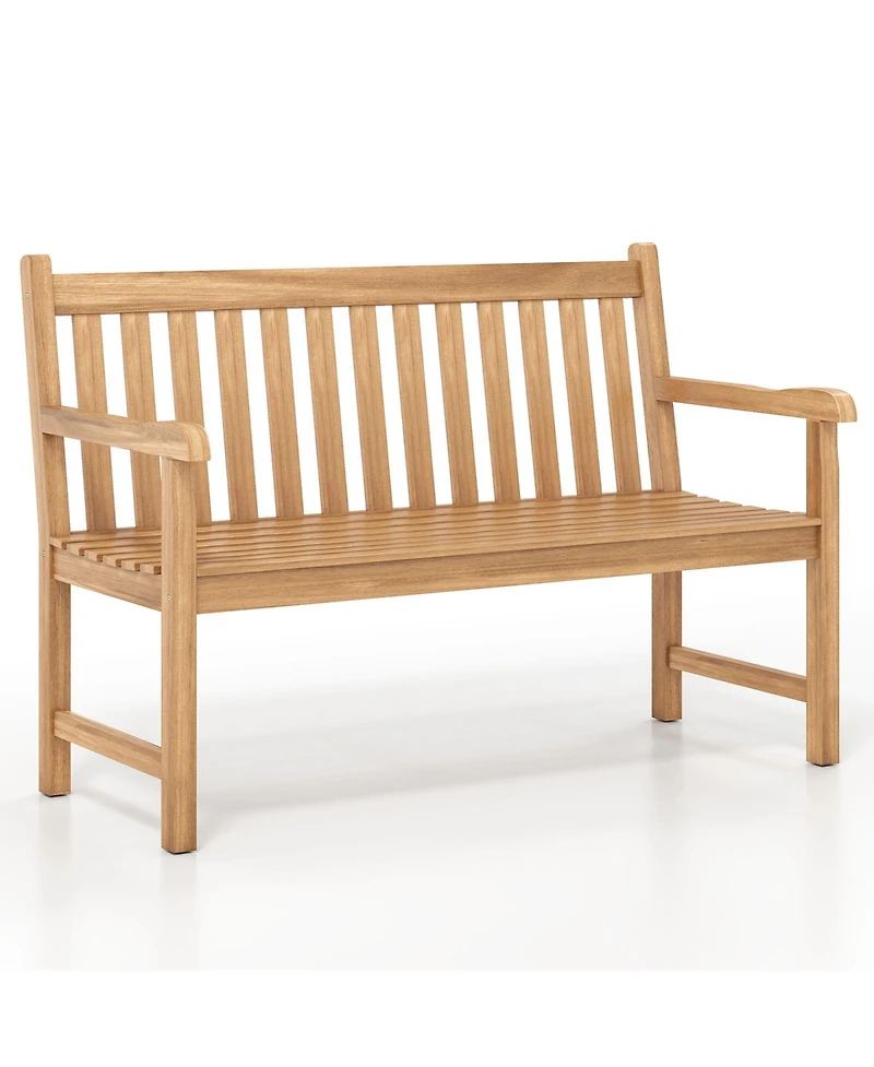 Gymax Teak Porch Bench 2-Person Solid Wood Garden Patio Bench w/ Backrest and Armrests