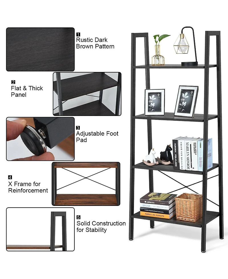 Gymax 4-Tier Ladder Shelf Ladder Bookcase Bookshelf Display Rack Plant Stand