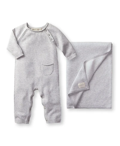 Hope & Henry Baby Girls Raglan Knit Romper and Jacquard Blanket Gift Set