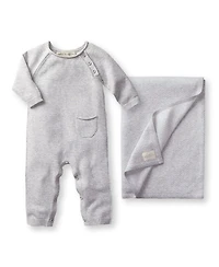Hope & Henry Baby Girls Raglan Knit Romper and Jacquard Blanket Gift Set