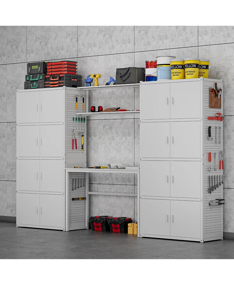 5-Shelf Heavy-Duty Garage Cabinet and Workstation System w/ Side Pegboards, White (120 in. W x 71 in. H x 16 in. D