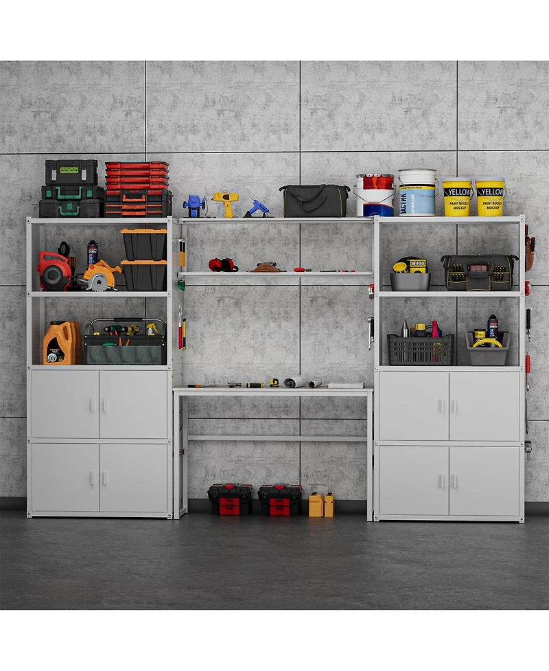 Heavy-Duty Garage Storage and Workstation System w/ Cabinets and Side Pegboards, White (120 in. W x 71 in. H x 16 in. D