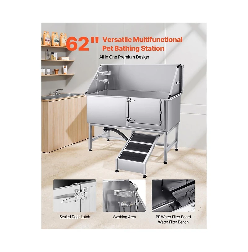 Ruie Stainless Steel Dog Washing Station 62 inch Pet Grooming Tub Hot Cold Faucet