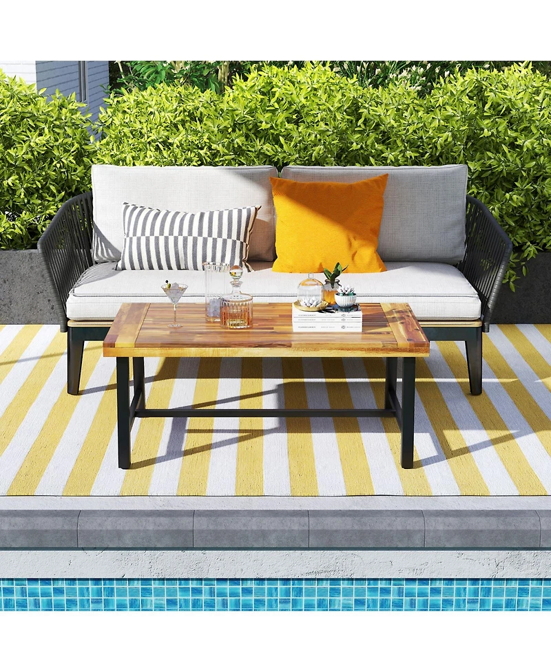 Gymax Acacia Wood Coffee Table Indoor Outdoor Rectangle Center Table with Thickened Top