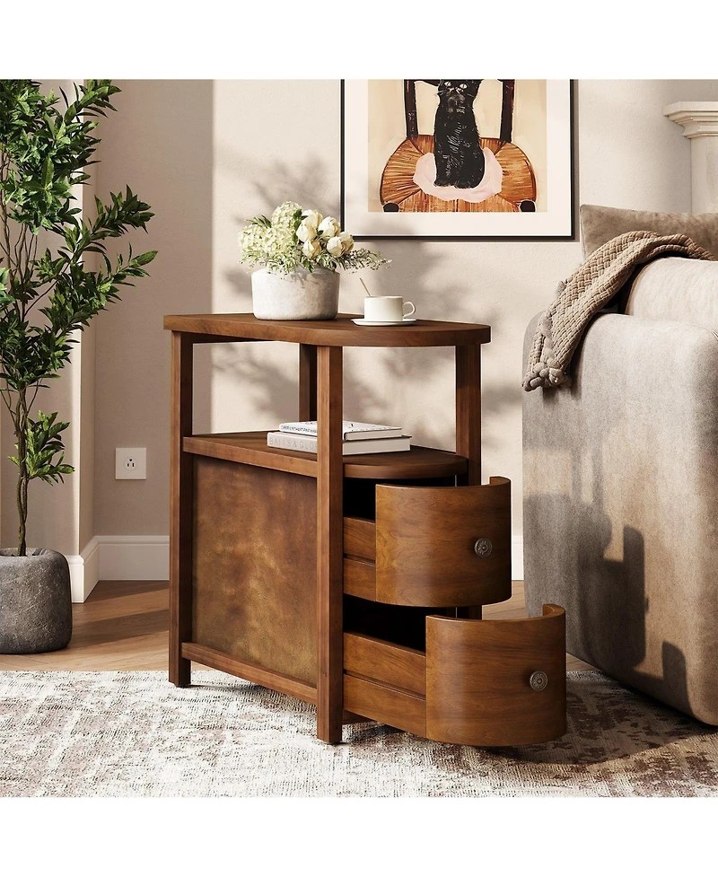 Slickblue 2-Drawer Wooden End Table with Open Storage Shelf