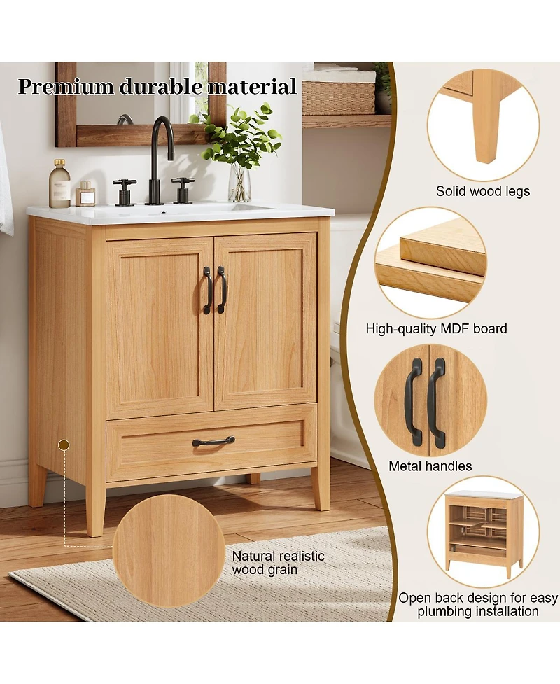 Sillysis 30 Inch Bathroom Vanity with Sink, Freestanding Wood Cabinet, Soft Close Drawer, Farmhouse Storage for Small Bathrooms