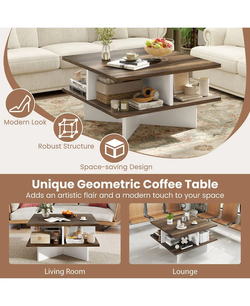 Gymax 2-Tier Square Coffee Table with Storage Farmhouse Modern Accent Table Center Table