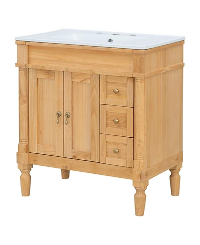 Busdays 30 Inch Modern Bathroom Vanity Set Solid Wood Frame Mdf 2 Doors 3 Drawers Soft Close U Shape Shelf Ceramic Sink