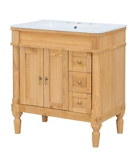 Busdays 30 Inch Modern Bathroom Vanity Set Solid Wood Frame Mdf 2 Doors 3 Drawers Soft Close U Shape Shelf Ceramic Sink