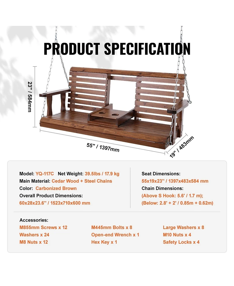 Cozito Wooden Porch Swing with Cup Holders, Steel Chains and Cedar Wood Seat