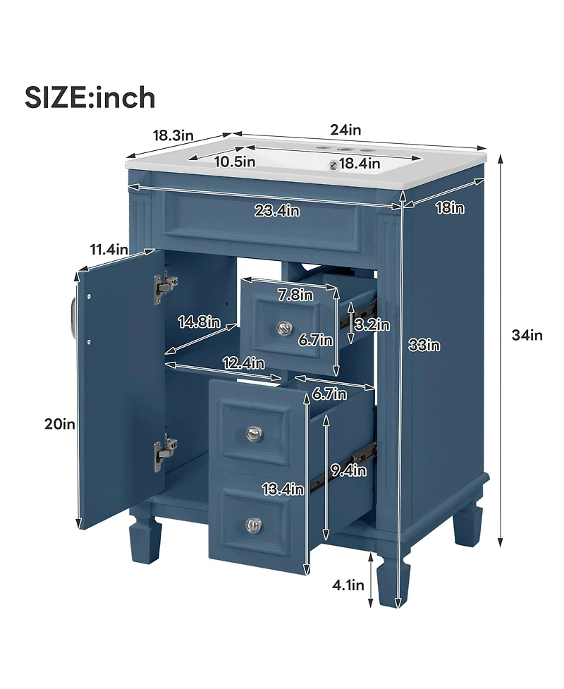 Busdays 24 Inch Bathroom Vanity with Ceramic Sink Small Cabinet Modern with 2 Drawers and Adjustable Shelf