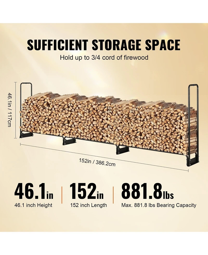 Cozito Firewood Rack with Water-Resistant Cover, 150 x 14 x 46 in Outdoor Holder, 1/2 Cord