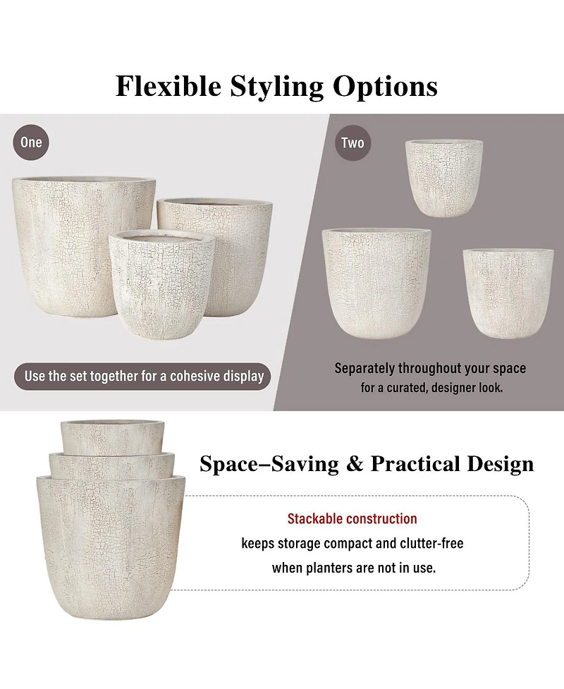 Asagikoiai3-Piece Mgo Outdoor Planter Set with Drainage, Crackle Stone Pots for Garden and Patio