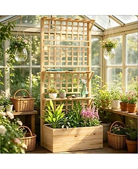 Asagikoiai Outdoor Wooden Planter Box with Trellis and Storage Shelves for Patio