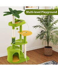Gymax Cute Cat Tree for Adult Cats with Condo Padded Perch Pompoms