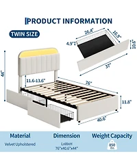 homfan Bed Frame with Storage Headboard and 2 Drawers, Velvet Upholstered Platform Lights, No Box Spring Needed, Easy Assembly