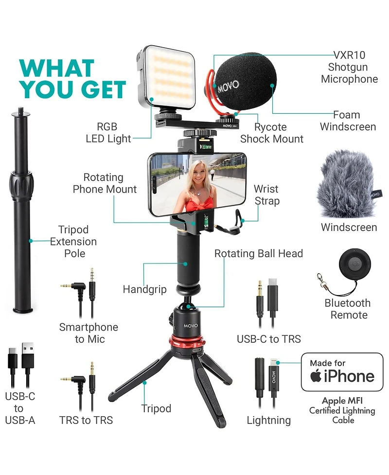 Movo iVlogger-pro Vlogging Kit for iPhone/Android Smartphones with Mic, Light, Tripod, and More