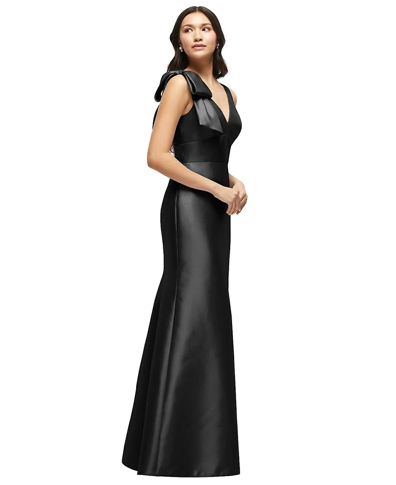 Alfred Sung Women's Deep V-back Satin Trumpet Dress with Cascading Bow at One Shoulder