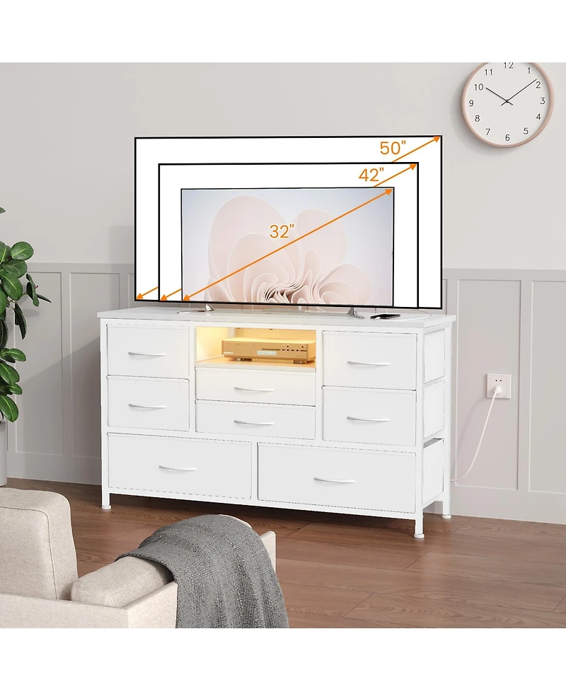 homfan Modern Tv Stand Dresser with Led Lighting and Built-in Charging Station - Durable Storage Chest with Deep Drawers for Bedroom and Living Room