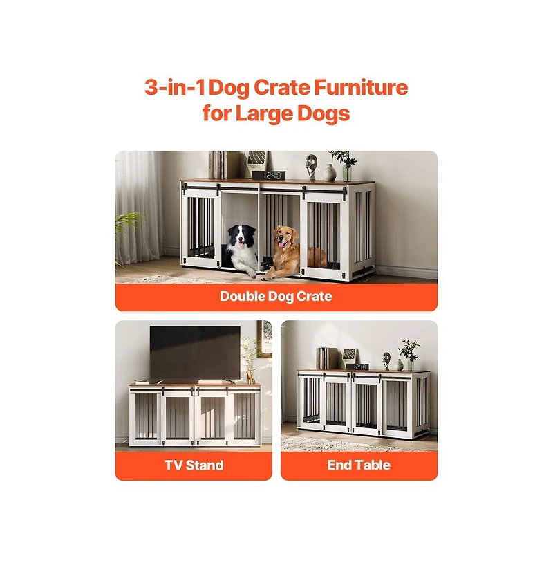 Ruie 72 Inch Dog Crate Furniture for 2 Dogs with Double Sliding Doors and Tv Stand