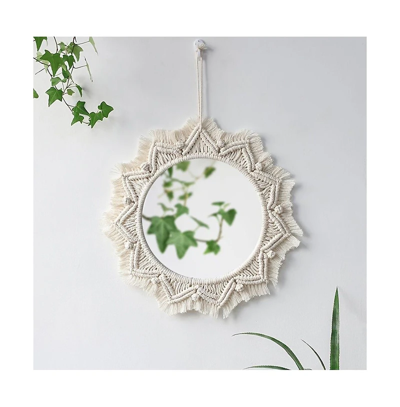 Phying Boho Macrame Round Mirror Handmade Woven Wall Hanging Ornament for Home Apartment Bedroom Living Room Decor