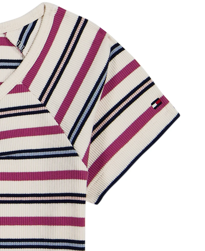 Tommy Hilfiger Girls' 7-16 Striped Ribbed V-Neck Short-Sleeve Top