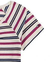 Tommy Hilfiger Girls' 7-16 Striped Ribbed V-Neck Short-Sleeve Top