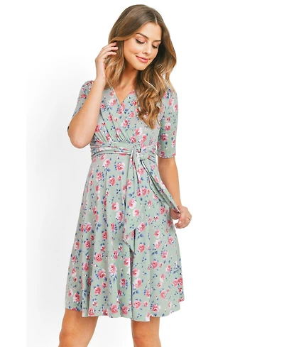 Hello Miz Materntiy Floral V-Neck Nursing Wrap Dress with Tie Waist