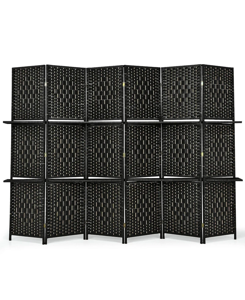 sumyeg 6-Panel Folding Fiber Room Divider with 2 Display Shelves for Indoor Use
