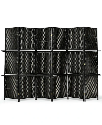 sumyeg 6-Panel Folding Fiber Room Divider with 2 Display Shelves for Indoor Use
