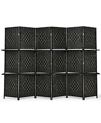 sumyeg 6-Panel Folding Fiber Room Divider with 2 Display Shelves for Indoor Use