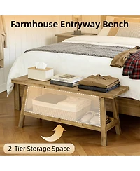 flynama 43" Distressed Farmhouse Solid Wood 2-Tier Entry Storage Bench