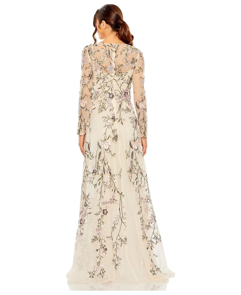 Mac Duggal Women's V Neck Long Sleeve Embroidered A Line Gown