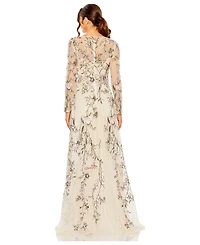 Mac Duggal Women's V Neck Long Sleeve Embroidered A Line Gown