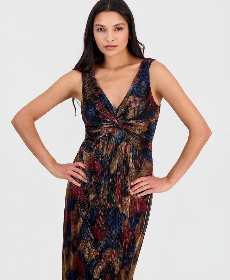 Connected Petite Metallic-Print Twist-Front Sleeveless Dress