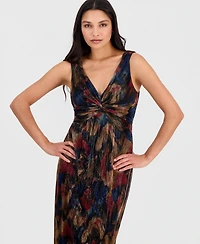 Connected Petite Metallic-Print Twist-Front Sleeveless Dress