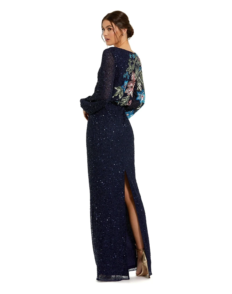 Mac Duggal Women's High Neck Blouson Sleeve Sequin Gown