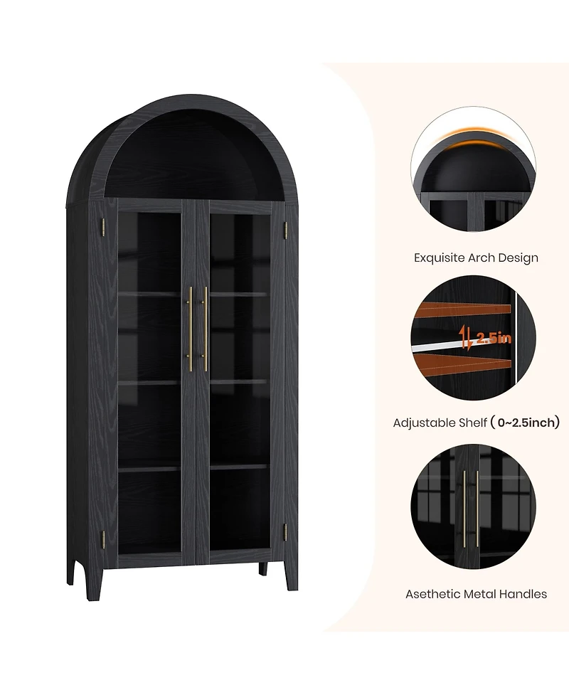 homfan Farmhouse 5-Tier Arched Pantry Cabinet, Display Shelf with Two Glass Doors and Adjustable Shelving, Multi-use Cupboard for Kitchen