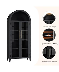homfan Farmhouse 5-Tier Arched Pantry Cabinet, Display Shelf with Two Glass Doors and Adjustable Shelving, Multi-use Cupboard for Kitchen
