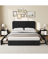 Velvetpholst Uered Platform Bed with 4 Drawers - Vertical Channel Tufted Headboard, Storage Frame, Wood, No Slats Spring, Modern Design Box