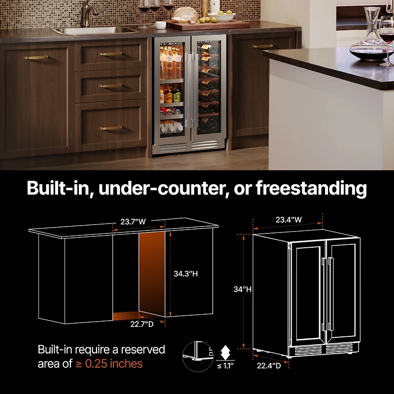 Ca'Lefort Wine and Beverage Refrigerator 24 Inch Dual Zone Wine cooler Holds 20 Bottles &60 Cans,Built-in/Freestanding Wine Fridge