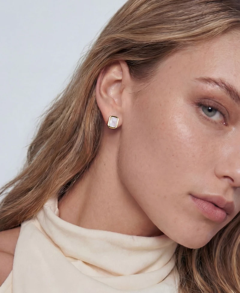 St. Moran Gold Natural Imitation Pearl Bezeled Solange Stud Earrings