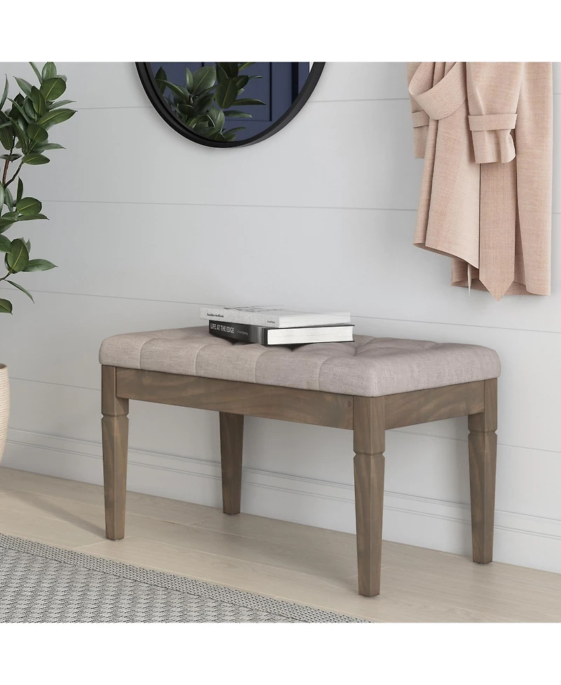 Flynama Small Tufted Ottoman Bench - Natural Linen Footstool with Carved Solid Wood Legs