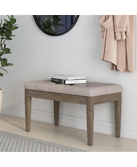 Flynama Small Tufted Ottoman Bench - Natural Linen Footstool with Carved Solid Wood Legs