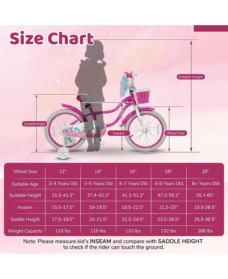 Gymax 20'' Girls Bike with Removable Basket Streamers Hand Brake and Coaster Brake Saddle